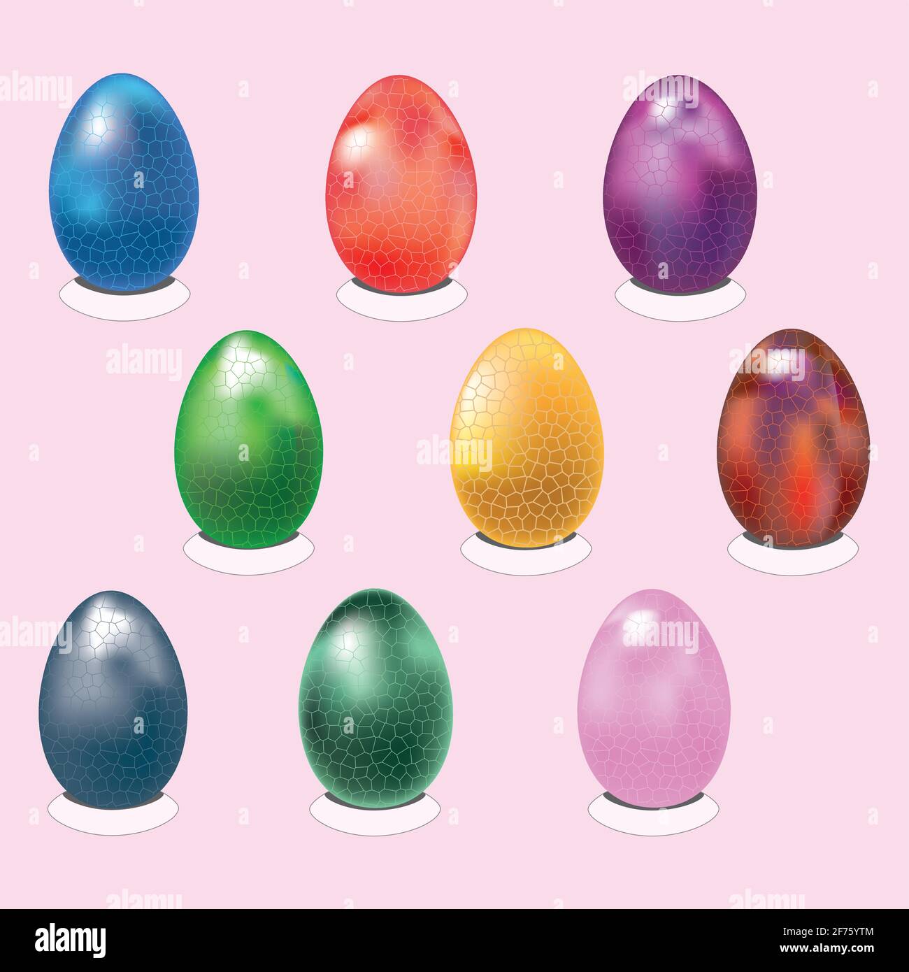 A set of glossy Easter eggs . Isolated, pink. Stock Vector