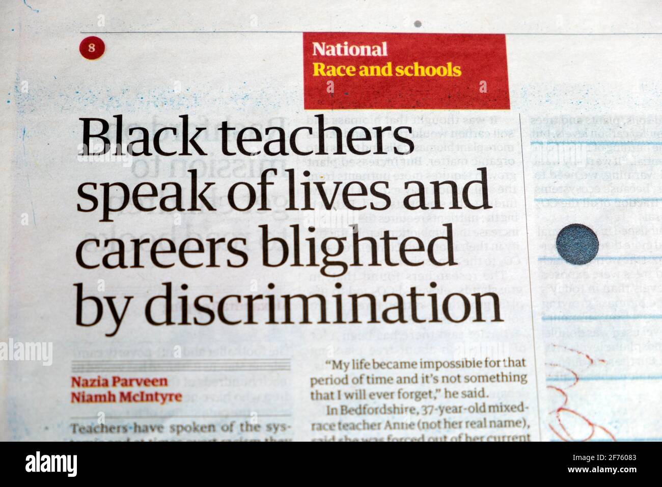 Race and schools 'Black teachers speak of lives and careers blighted by discrimination' newspaper headline article  25 March 2021 London England UK Stock Photo