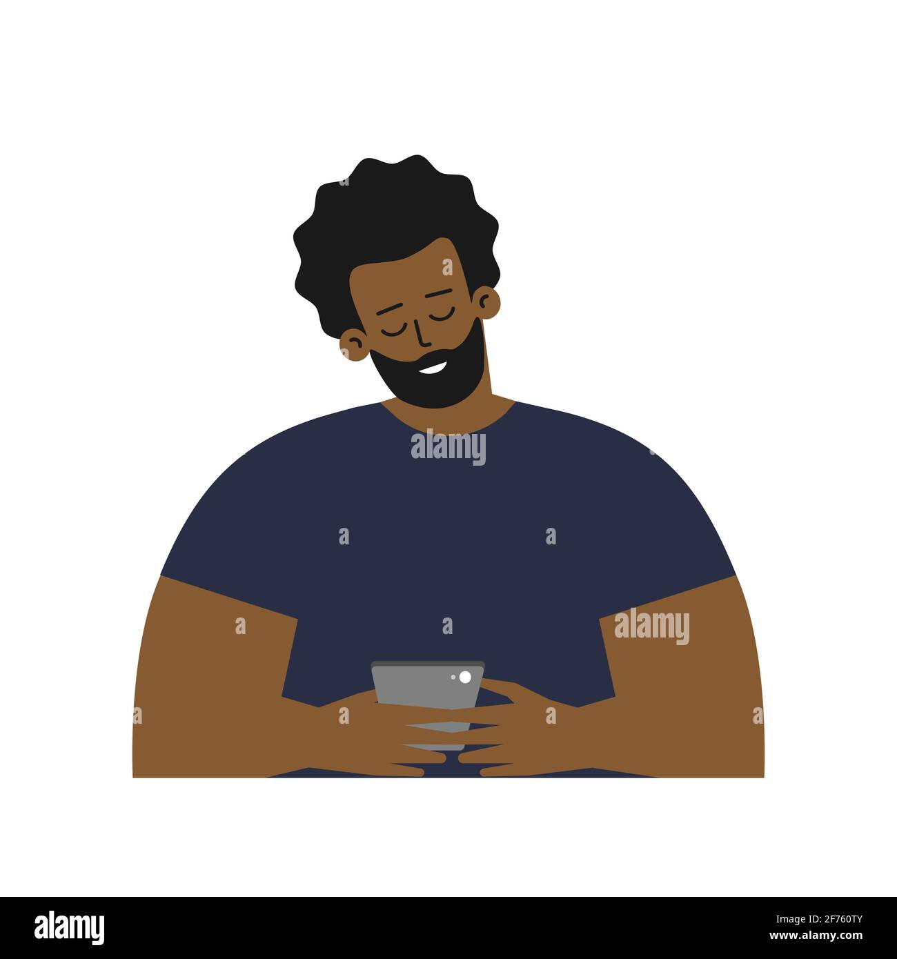Vector isolated flat concept. Cartoon african american man writes sms on phone using messenger. Young adult guy is seaching partner by app Stock Vector