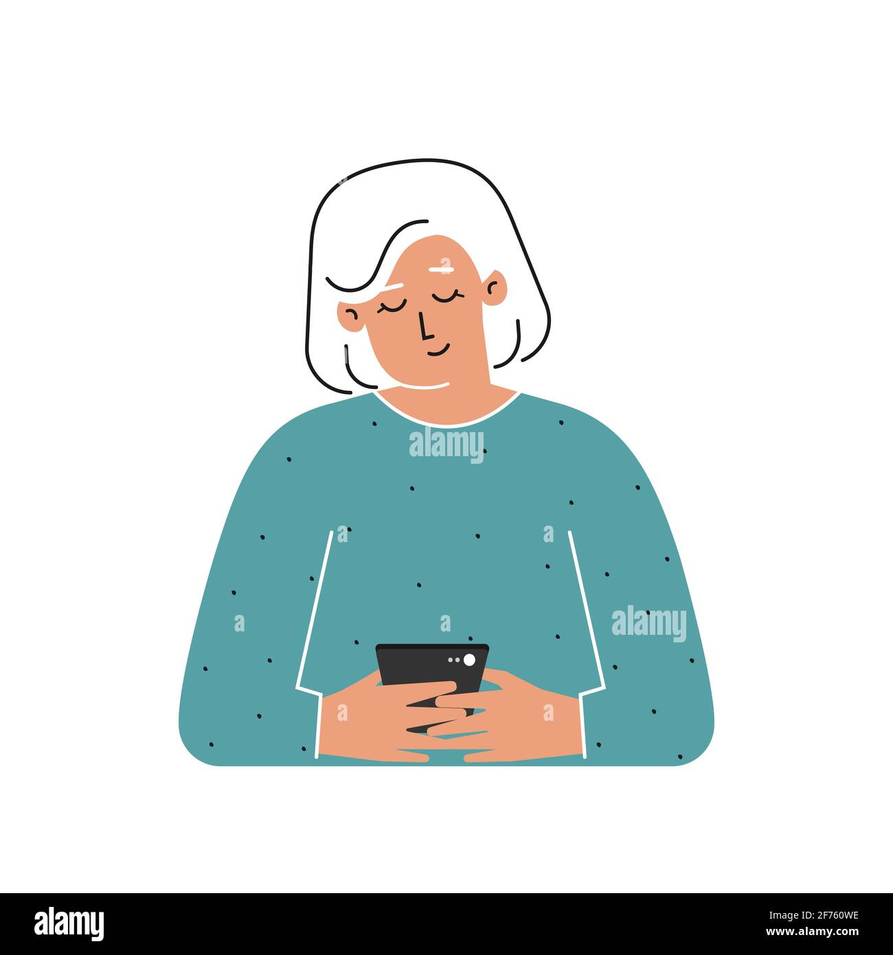 Vector isolated flat concept. Cartoon senior woman writes message on smartphone. Handsome elderly granny is using modern technology, searching partner Stock Vector