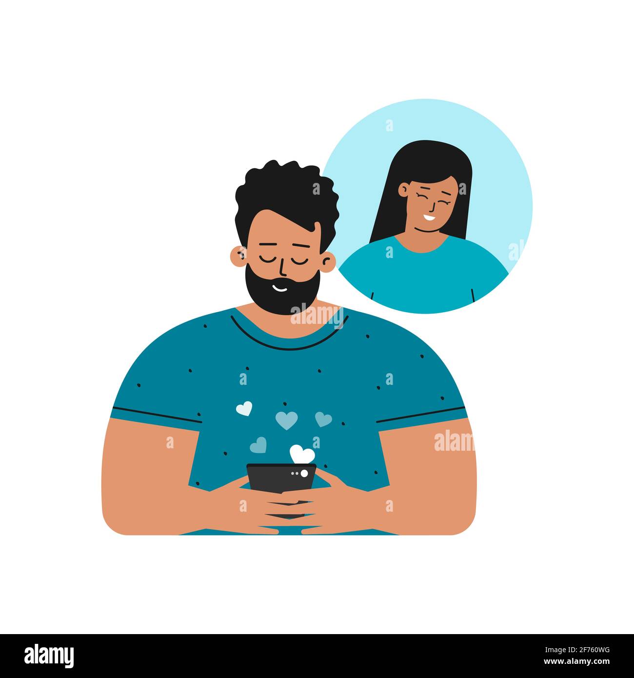 Vector isolated concept. Flat cartoon style. Happy latin american guy is texting on phone with his asian girlfriend. Mobile app for online dating. Stock Vector