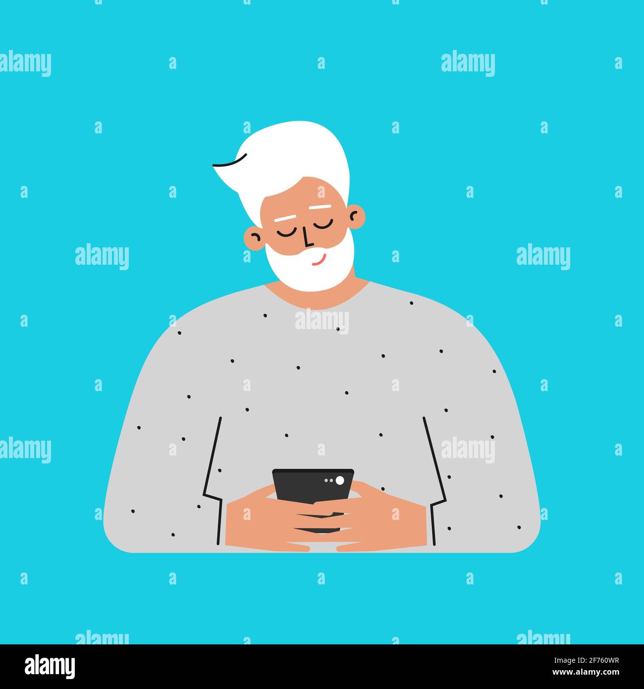 Vector isolated flat concept. Cartoon Caucasian senior man writes message on phone. Handsome elderly man is learning modern technology Stock Vector