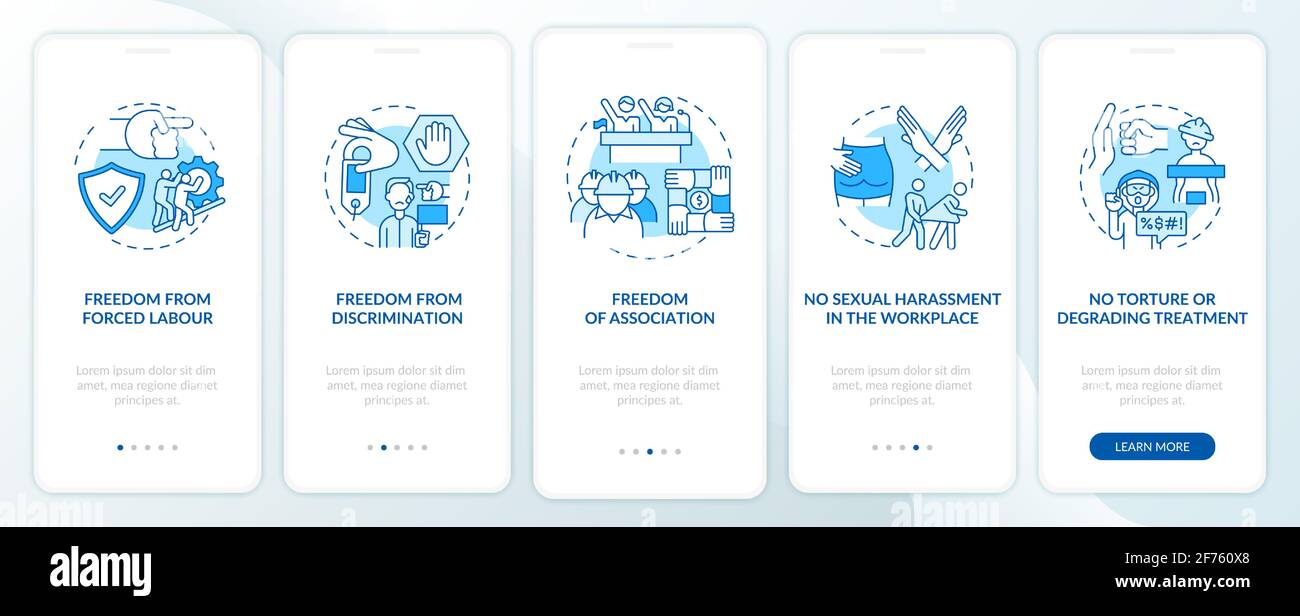 Migrant workers freedoms blue onboarding mobile app page screen with ...