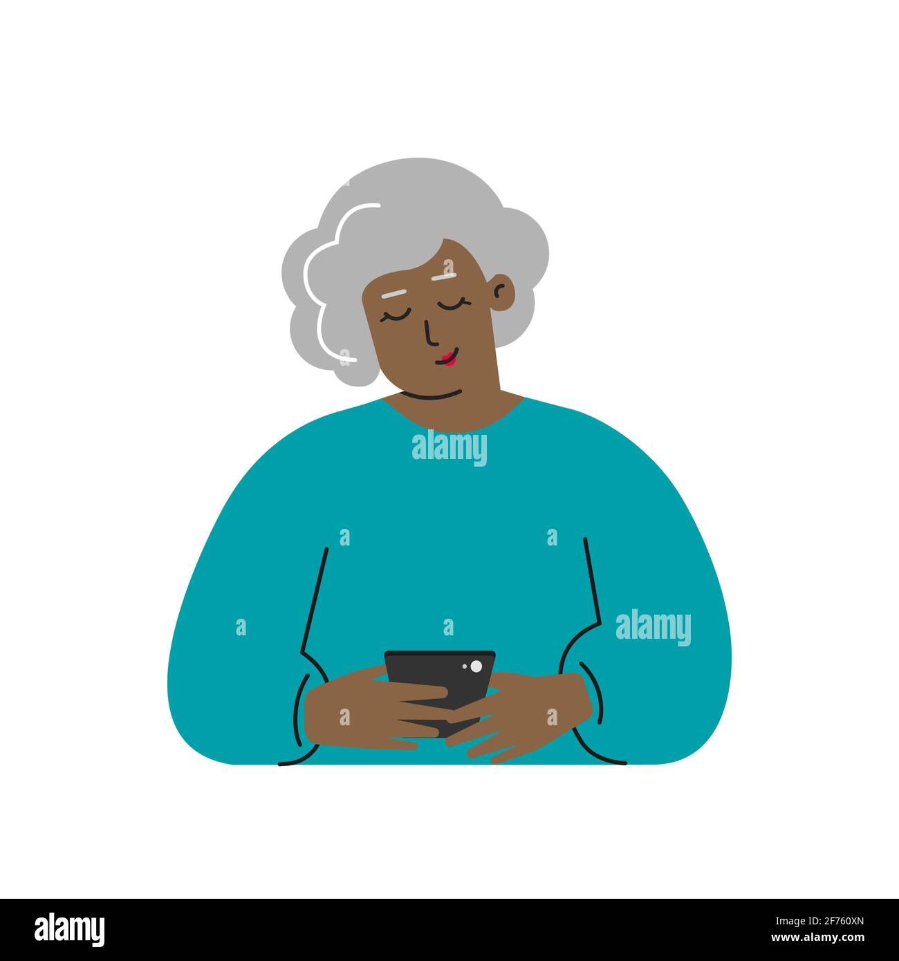 Vector isolated flat concept. Cartoon African American senior woman writes a message on the phone. Cute elderly granny uses modern gadgets. Stock Vector