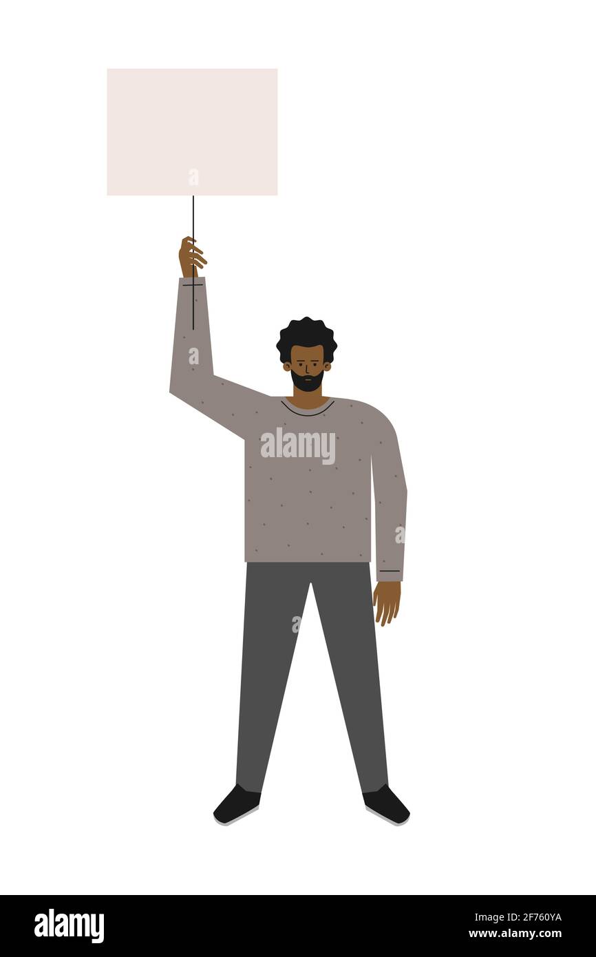 Vector isolated flat concept. Single picket and strike of African American man holding placard with copy space. Fighting for human rights. Stock Vector
