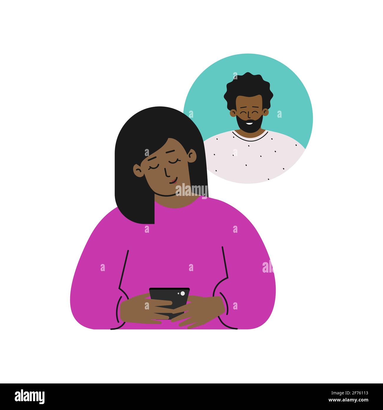 Vector isolated flat concept. Cartoon happy african american woman sends message on phone to his boyfriend. Online dating by apps in gadget. Relations Stock Vector