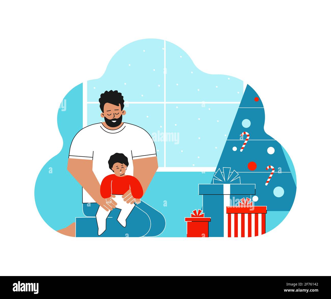 Vector isolated concept. Cartoon flat latin man is holding cute baby in his arms. Room is decorated by gift boxes and Christmas tree Template Stock Vector