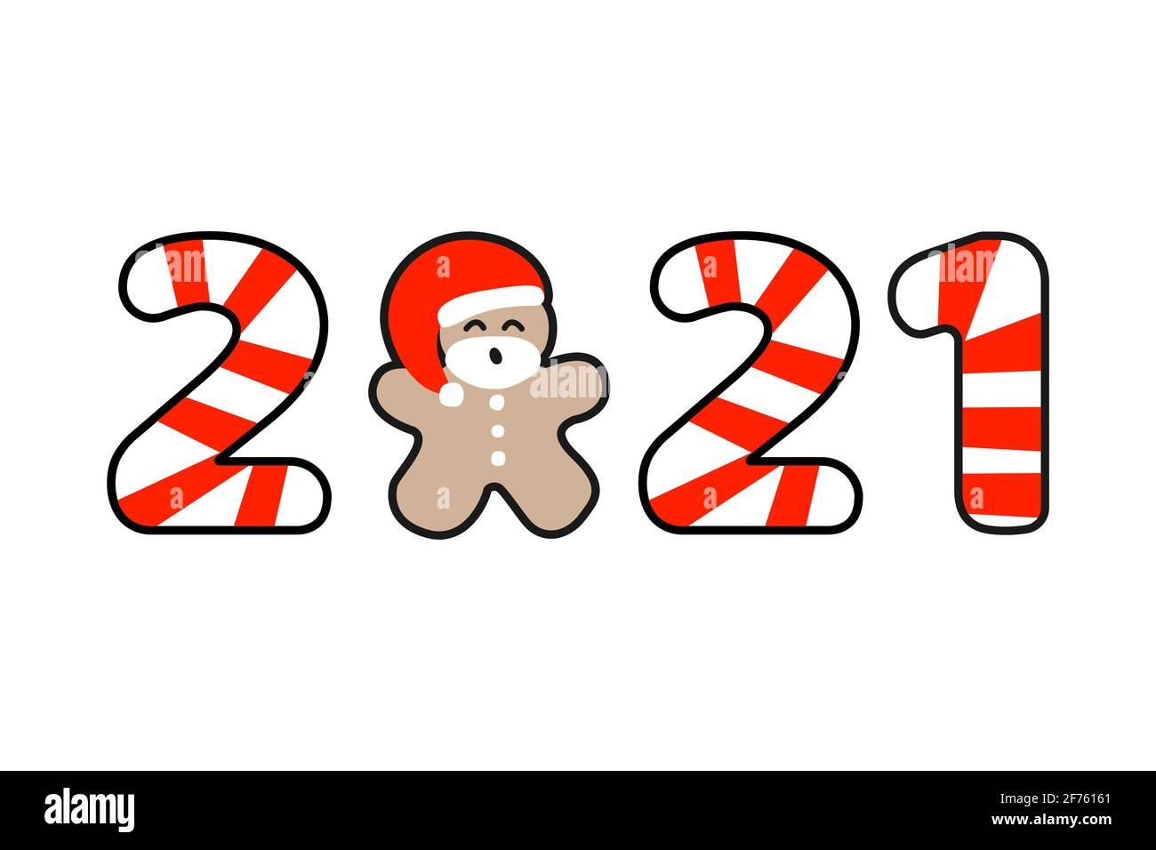 Vector illustration template (for sticker label or banner) with gingerbread man with red Santa Claus' hat and 2021 year text. New year and Christmas Stock Vector
