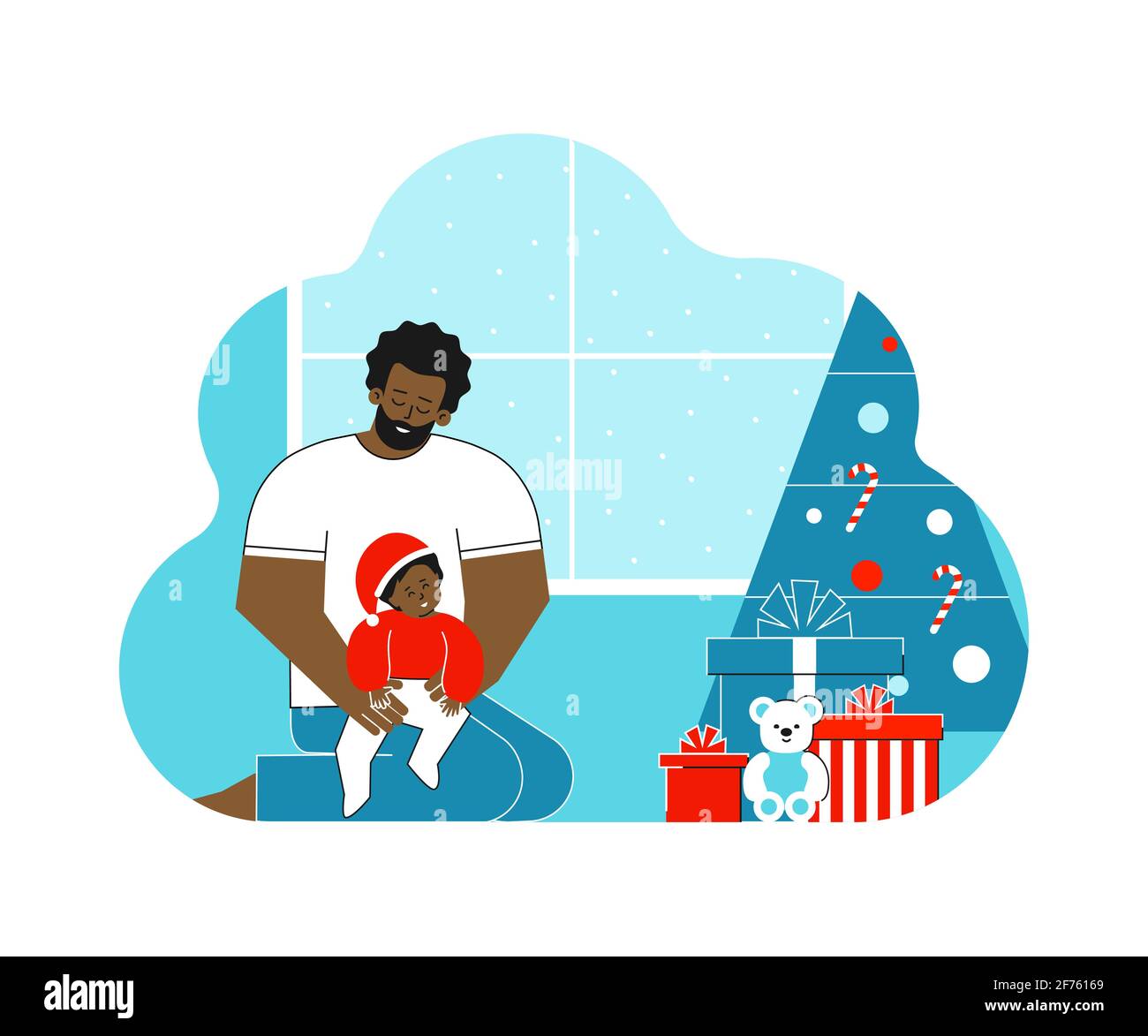 Vector isolated flat illustration. African american father holds baby in arms. Room is decorated by red gift boxes and Christmas tree. Stock Vector