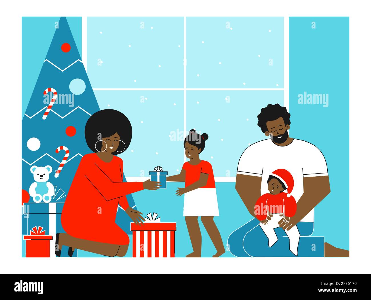 Vector isolated flat concept. Winter happy holidays of african american family. Home is decorated with present boxes, Christmas Tree. Stock Vector