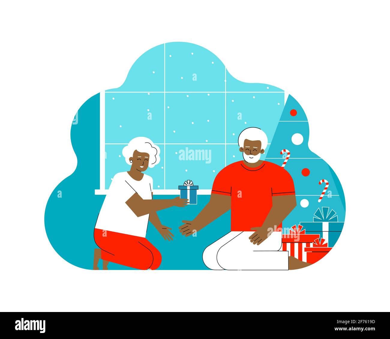 Vector flat concept. Winter happy holidays of african american elderly couple. Home is decorated with gift boxes, Christmas Tree. Cute senior woman Stock Vector