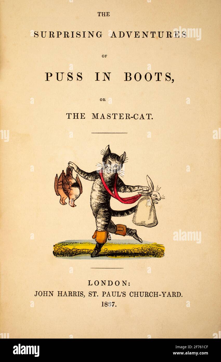 title page of The Surprising Adventures of Puss in Boots or the Master Cat, published 1837 By John Harris, St Paul’s Church-Yard London Stock Photo