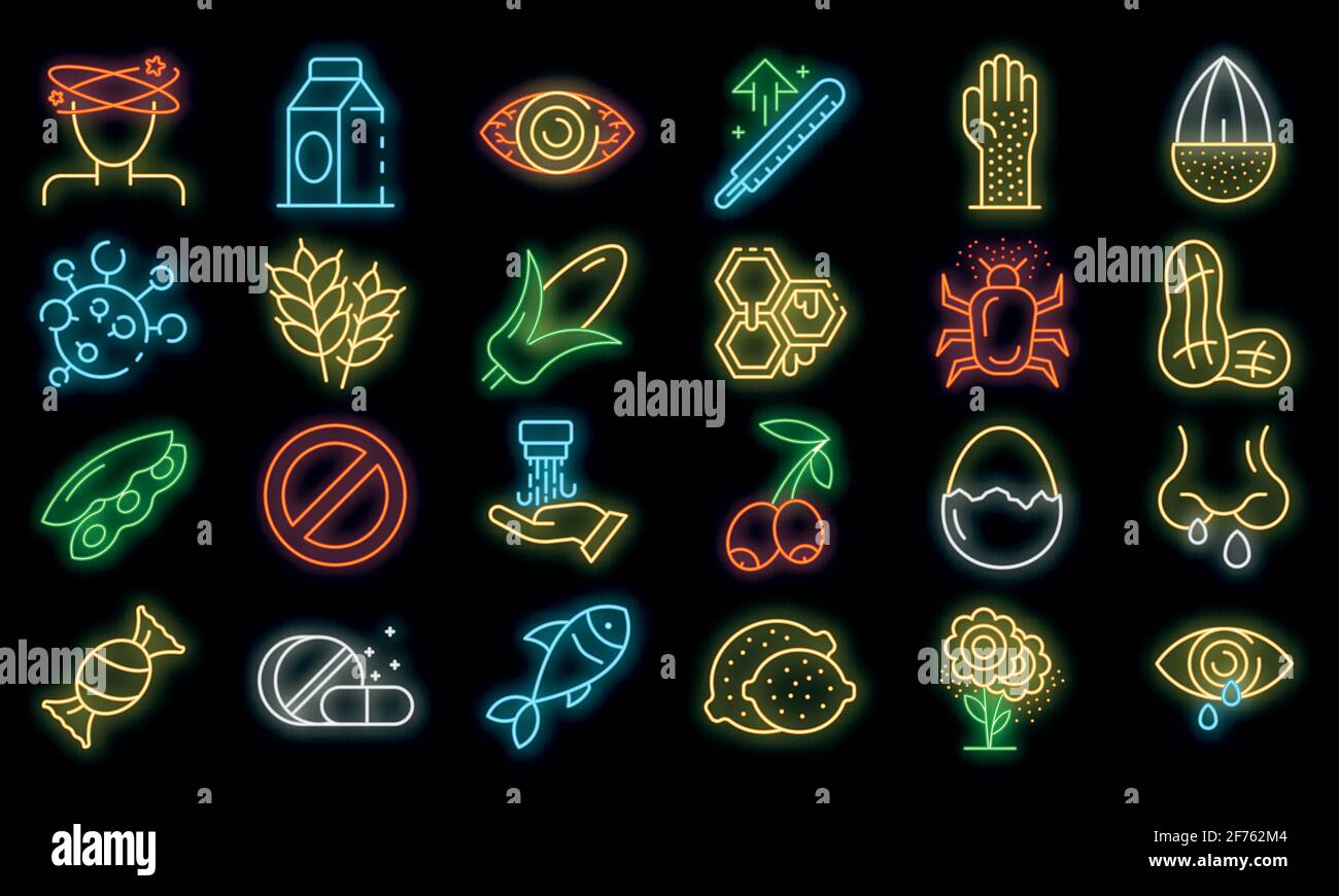 Food allergy icons set. Outline set of food allergy vector icons neon color on black Stock Vector