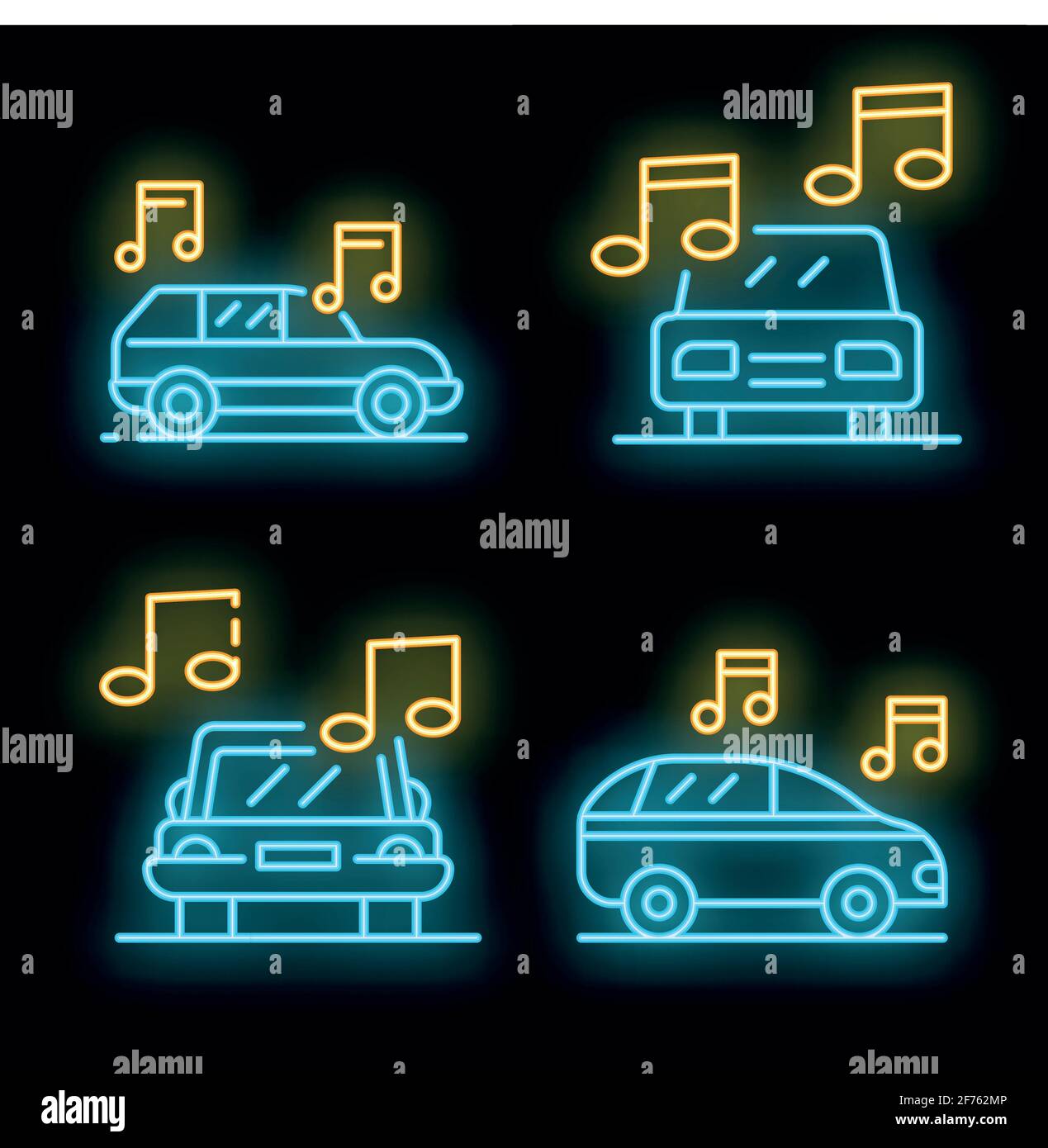 Car audio icons set. Outline set of car audio vector icons neon color