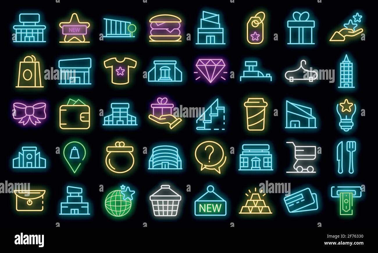 Mall icons set. Outline set of mall vector icons neon color on black ...
