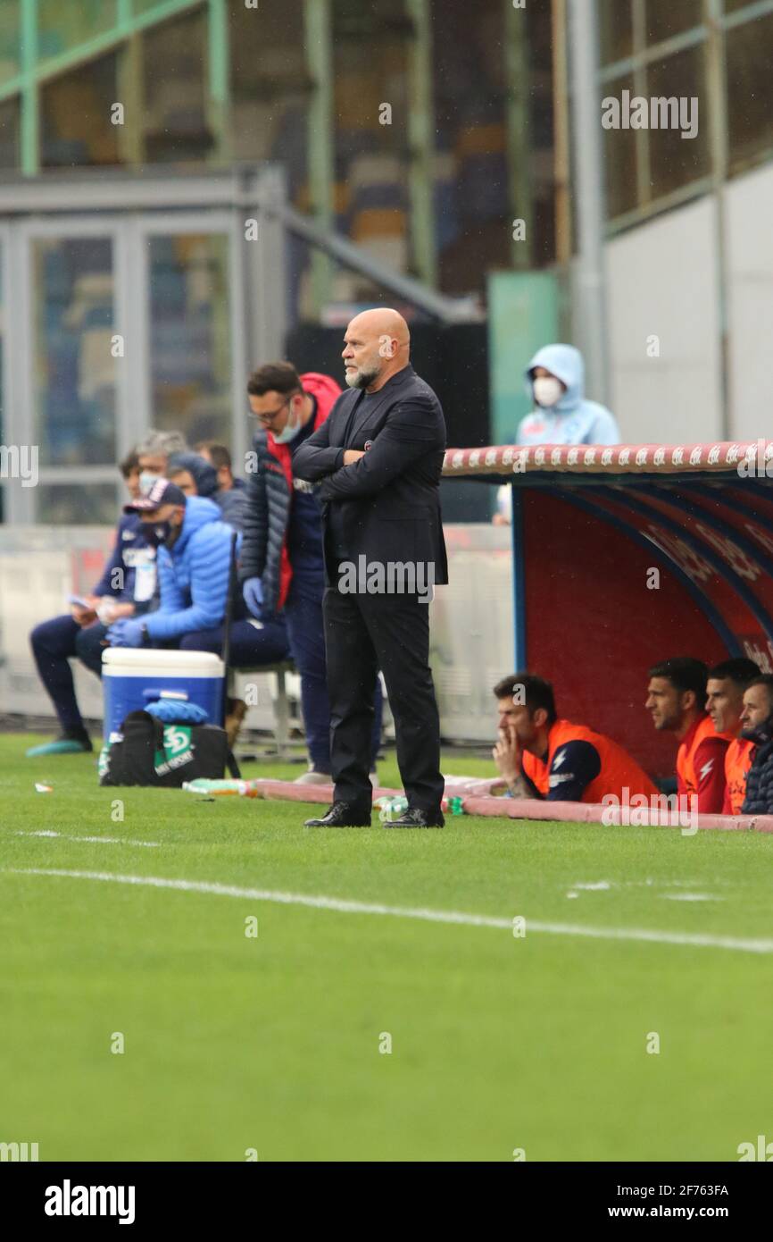 Action during soccer match between SSC Napoli and FC CROTONE at Diego  Armando Maradona Stadium in Napoli .final result SSC NAPOLI vs.FC CROTONE  4-3.In picture Serse Cosmi , Football coach of FC