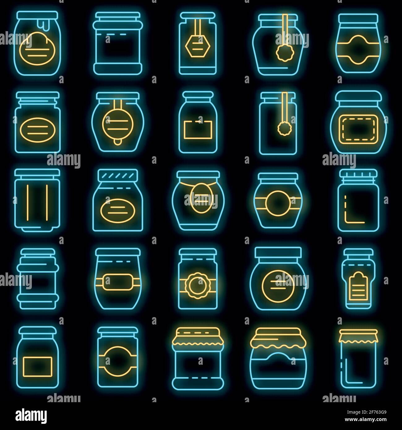 Jam jar icons set. Outline set of jam jar vector icons neon color on