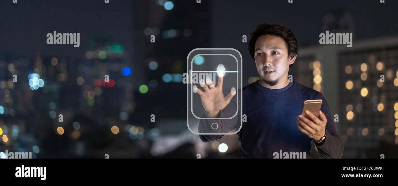 Banner of Asian creative freelancer using smart mobile phone with authentificate by fingerprint in the financial district area at bangkok river side, Stock Photo