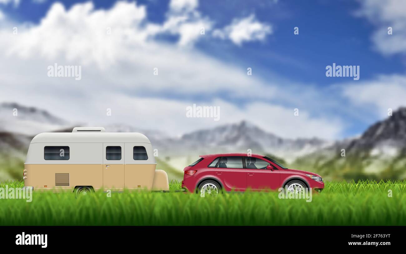 Caravan trailer on the green grass on the mountain landscape. SUV car pulling rv vector background with blur effect. Stock Vector