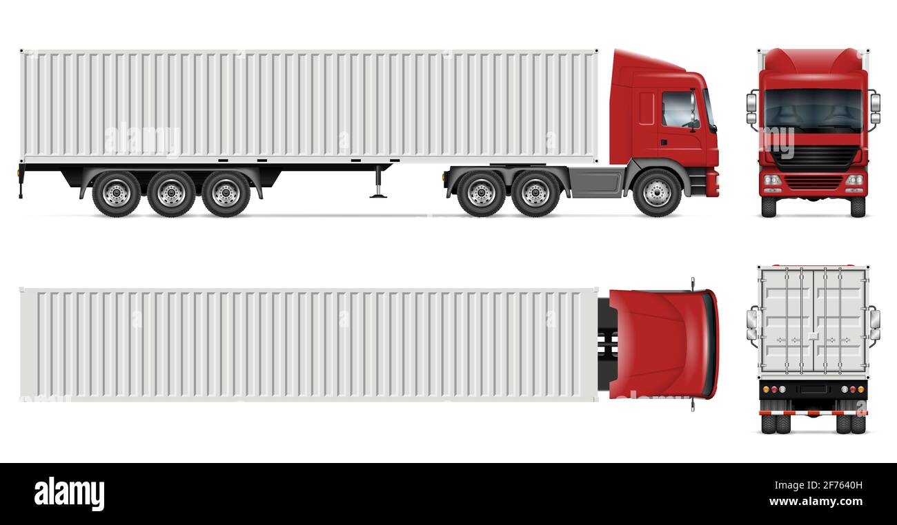 Container truck vector mockup on white for vehicle branding, corporate identity. All elements in the groups on separate layers for easy editing Stock Vector