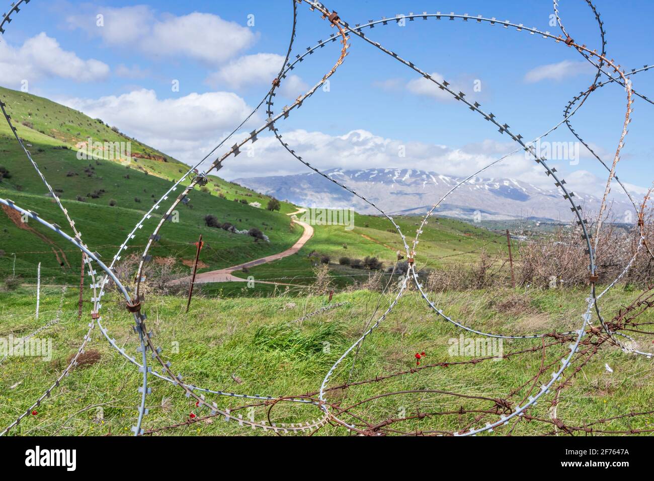 View of Mount Hermon with a snow-capped peak in the clouds through barbed wire Stock Photo