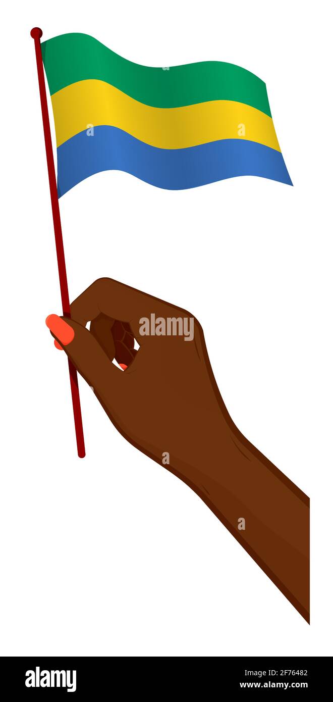 Female hand gently holds small flag of Gabon. Holiday design element. Cartoon vector on white background Stock Vector