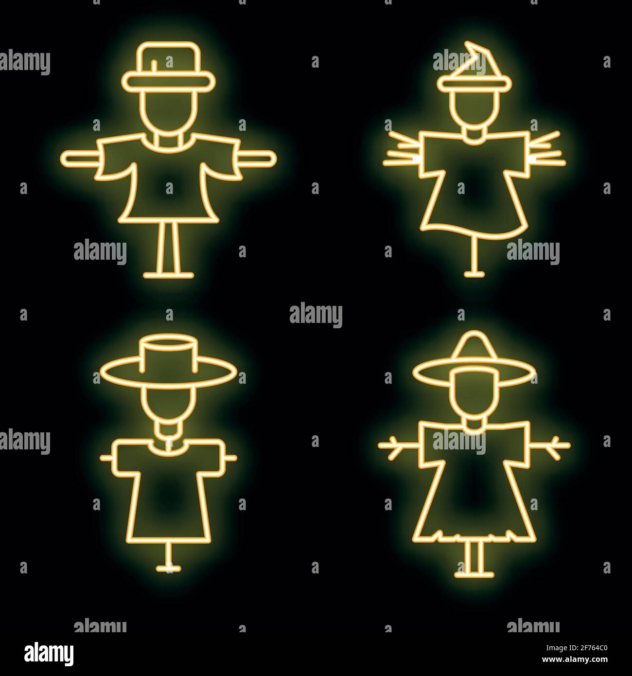 Scarecrow icons set. Outline set of scarecrow vector icons neon color on black Stock Vector