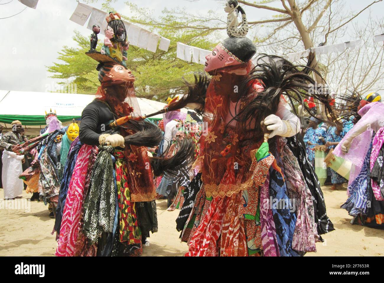 Gelede Masquerades dancing to the beat of the spirit during the annual Lagos Black Heritage Festival Badagry, Lagos, Nigeria. Stock Photo