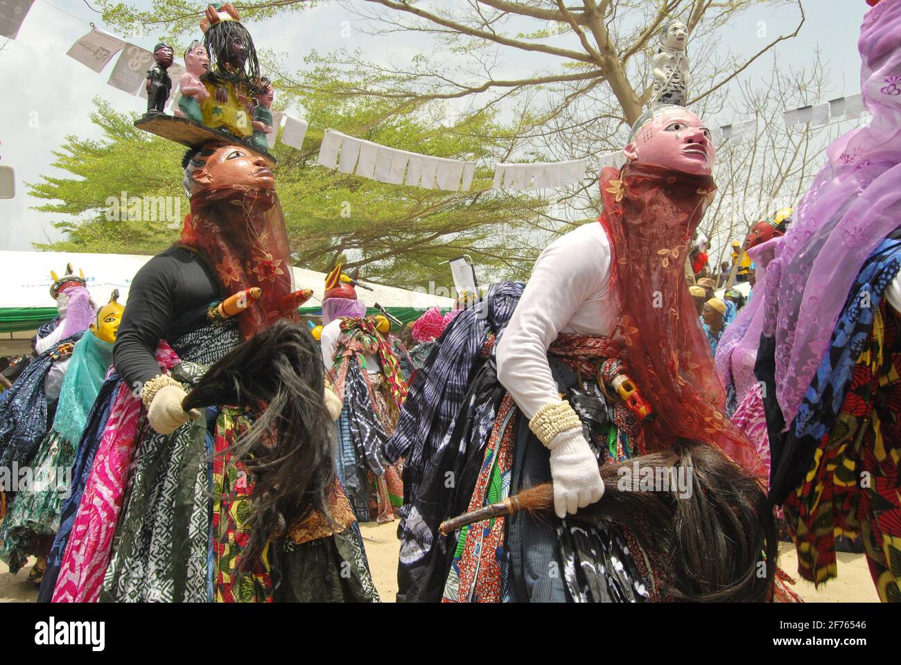 Gelede Masquerades dancing to the beat of the spirit during the annual Lagos Black Heritage Festival Badagry, Lagos, Nigeria. Stock Photo