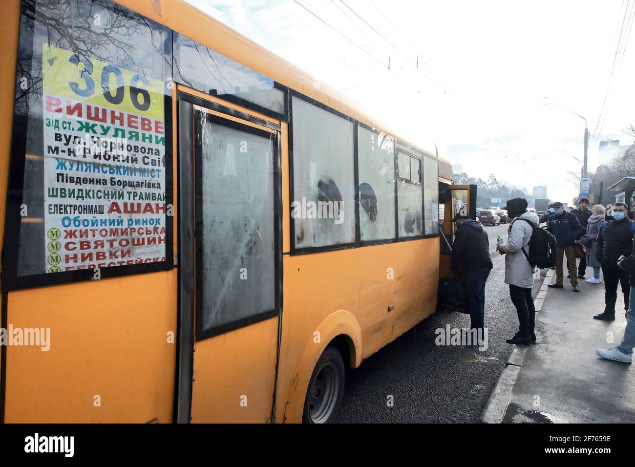 Ukraine Bus KYIV, UKRAINE - APRIL 05, 2021 - People get on a shuttle bus, Kyiv ...