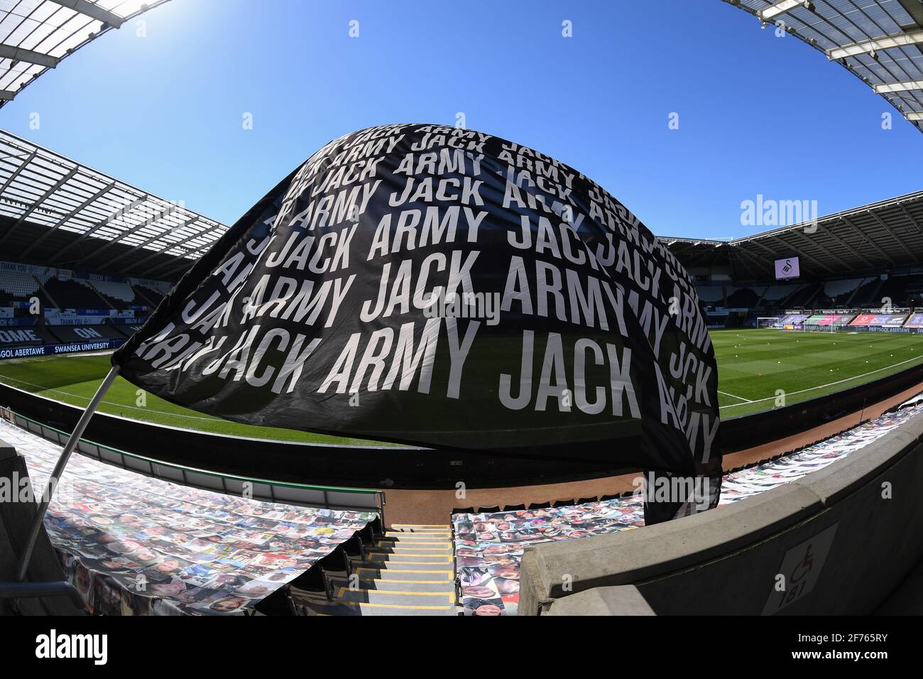 Swansea, UK. 05th Apr, 2021. general view of Liberty Stadium, Home of  Swansea city Jack army flag in Swansea, UK on 4/5/2021. (Photo by Mike  Jones/News Images/Sipa USA) Credit: Sipa USA/Alamy Live