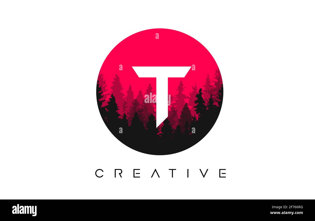 T Letter Logo Design with Pine Forest Vector Shapes and Red Circular ...