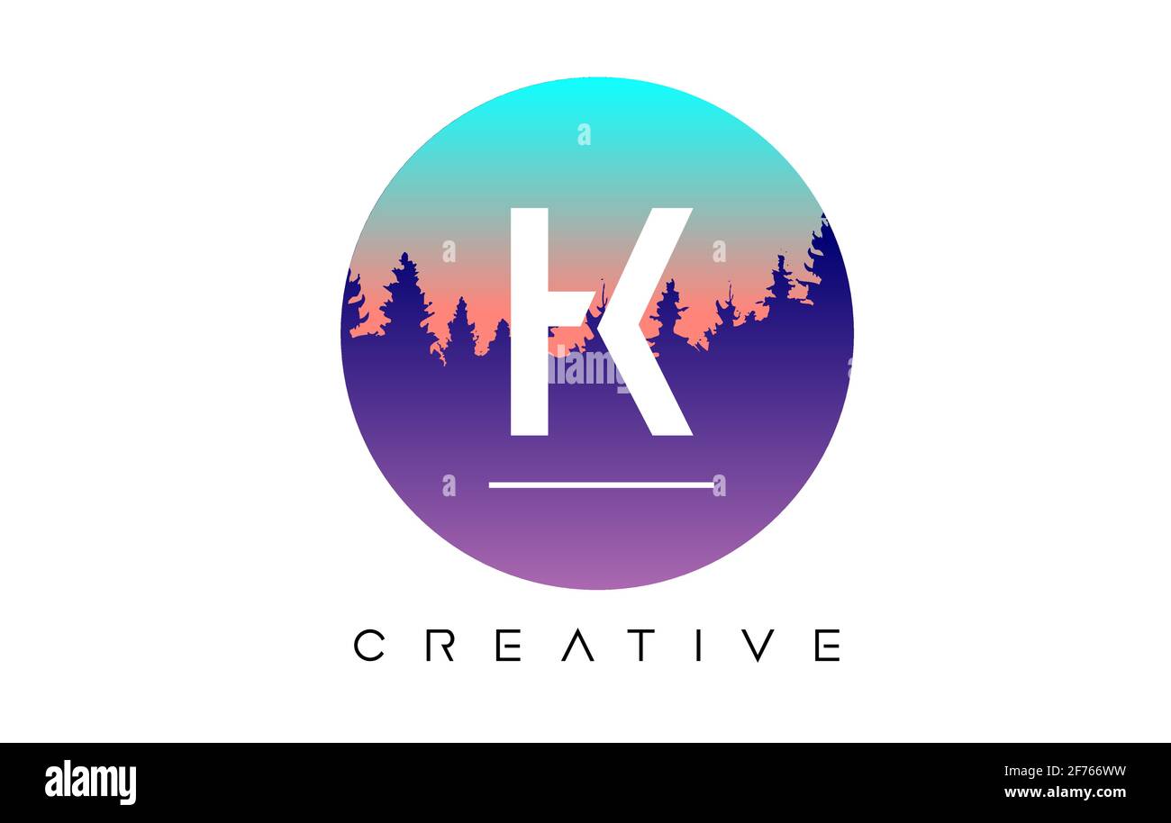Creative K Letter Logo Design with Pine Forest Vector Shapes and Pastel ...