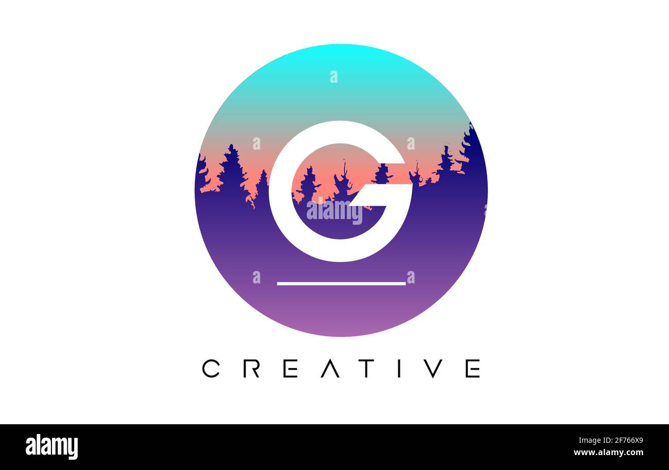 Creative G Letter Logo Design with Pine Forest Vector Shapes and Pastel ...