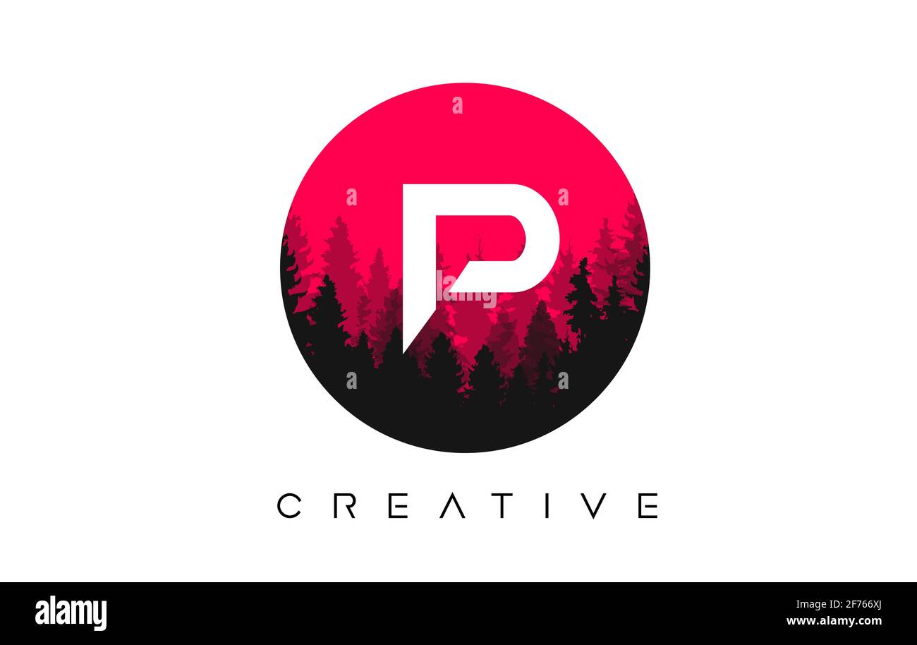 P Letter Logo Design with Pine Forest Vector Shapes and Red Circular ...