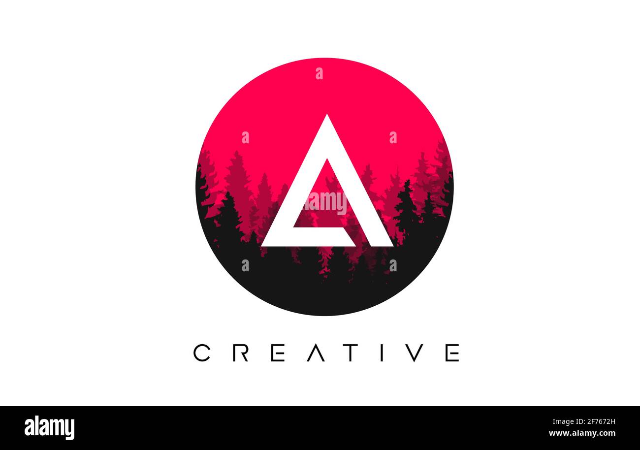 A Letter Logo Design with Pine Forest Vector Shapes and Red Circular ...
