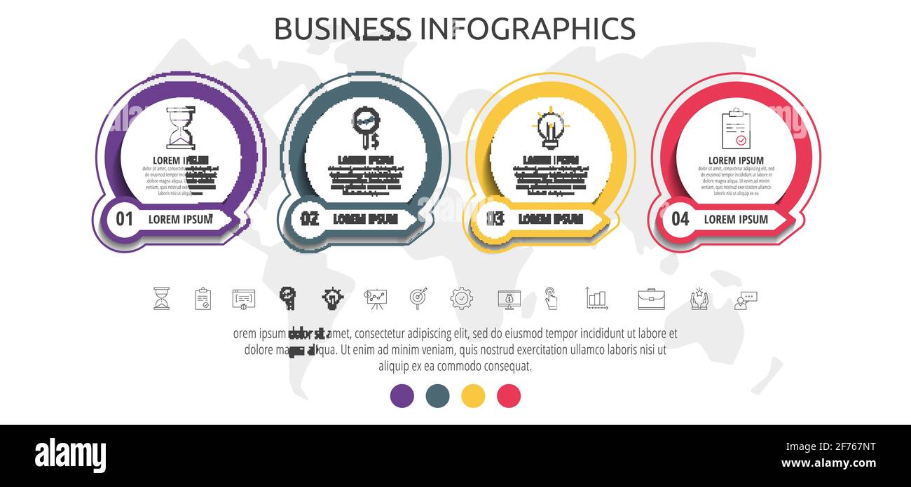 Modern and simple flat vector circles infographic with four steps, labels. Timeline for diagram, chart, web, banner, workflow layout, presentations Stock Vector
