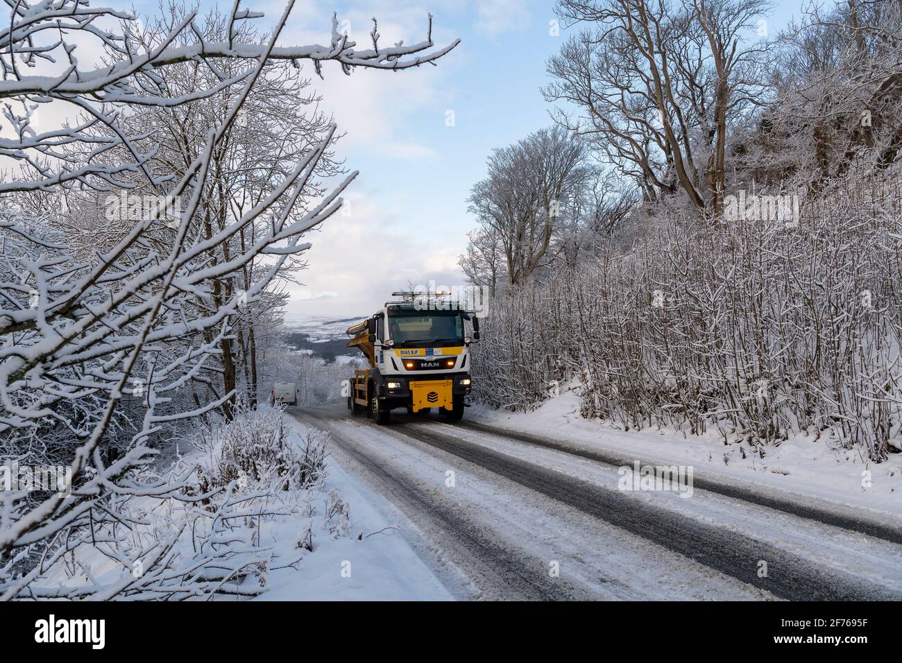 Weather UK 6 January 2021, Redmire, Wensleydale, UK. Snow made travel hard work on Scarr Top above Redmire in Wensleydale, as fresh snow and sub zero Stock Photo