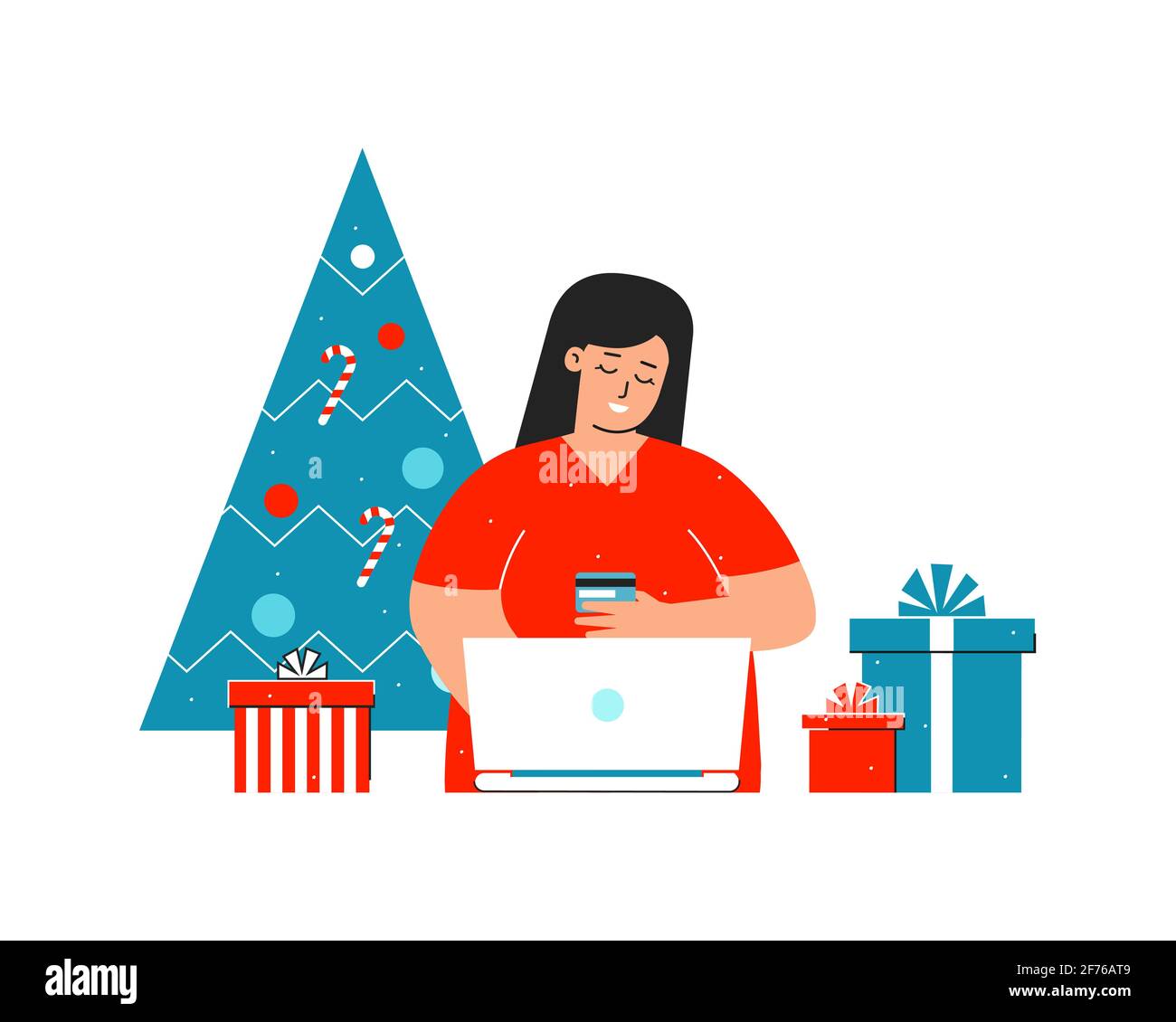 Vector isolated flat illustration about online shopping. Cartoon character of happy caucasian woman. She sits at home decorated by Christmas tree Stock Vector