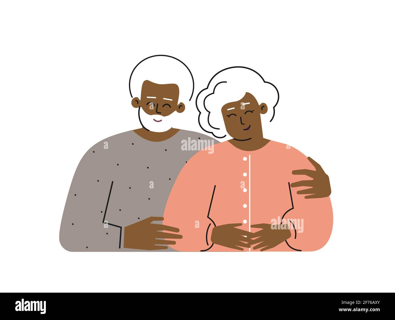 Vector flat isolated illustration with cartoon characters of african american old couple. Happy senior grandparents are hugging. Romantic relationship Stock Vector