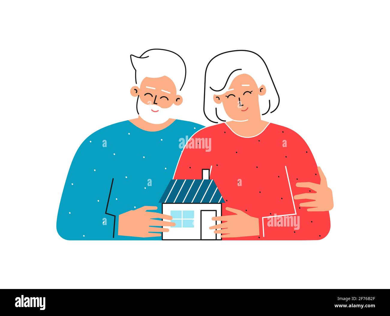 Vector isolated illustration. Cartoon senior owners hold little home. Old caucasian man hugs his wife. Pensioners smile cause bank approved mortgage Stock Vector