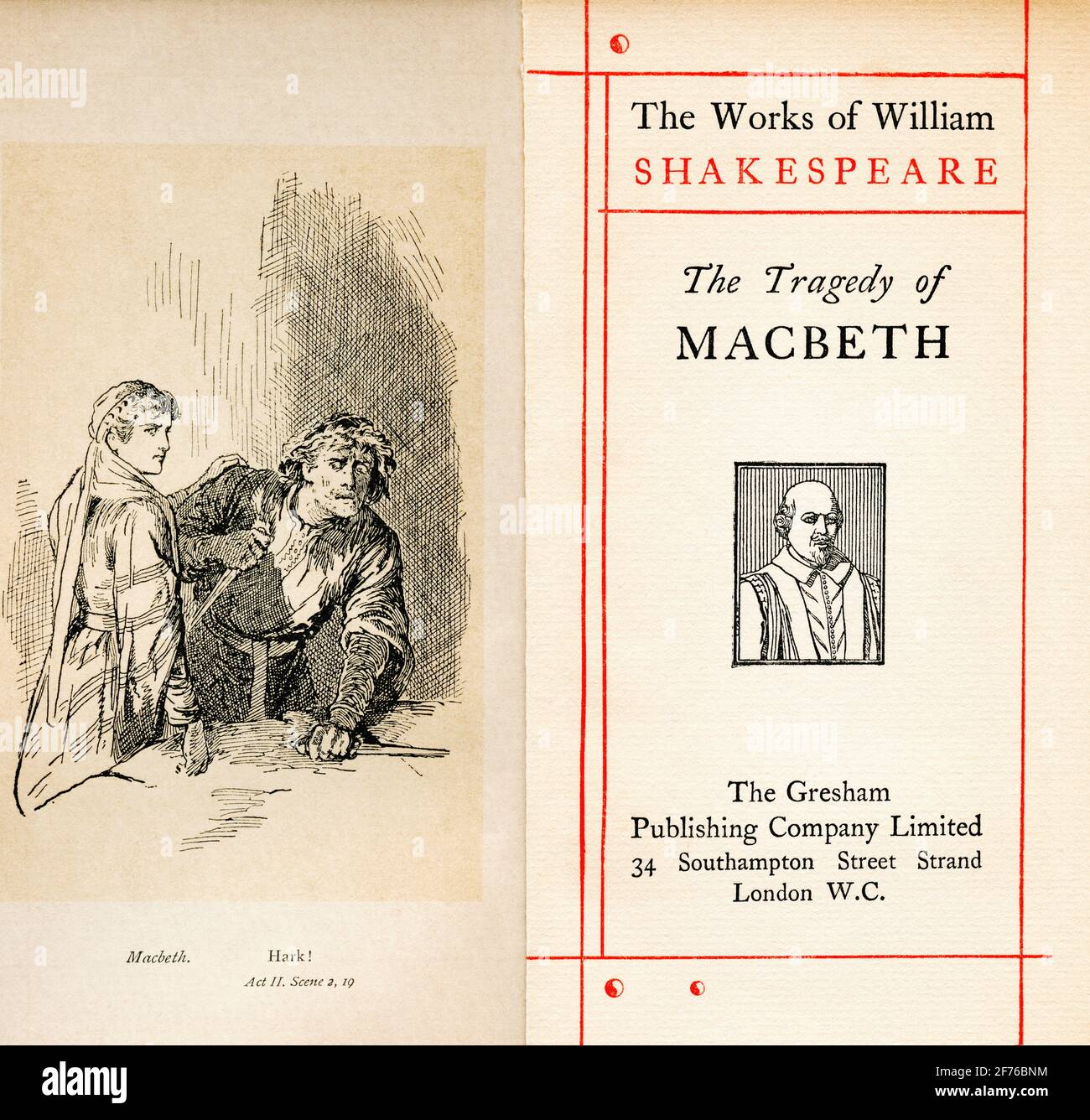 Frontispiece and title page from the Shakespeare play Macbeth. Act II, Scene 2. Macbeth, ' Hark! '. From The Works of William Shakespeare, published c.1900 Stock Photo