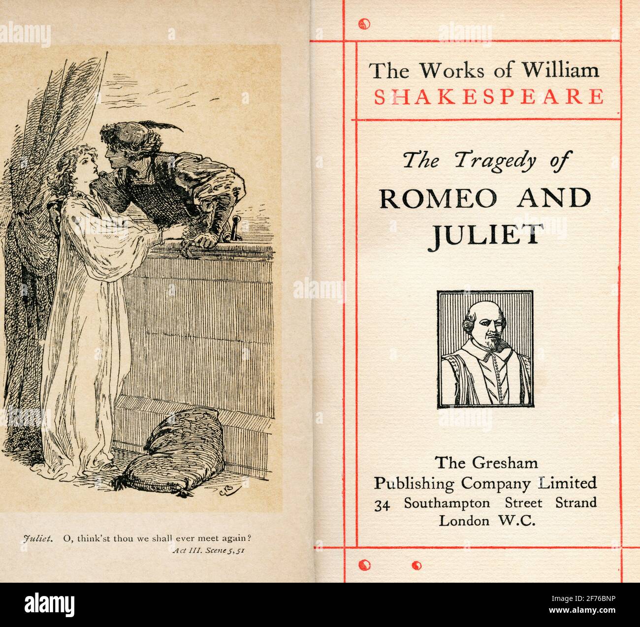 Frontispiece and title page from the Shakespeare play Romeo and Juliet.  Act III. Scene 5.  Juliet, "O, thinks't thou we shall ever meet again?"  From The Works of William Shakespeare, published c.1900 Stock Photo