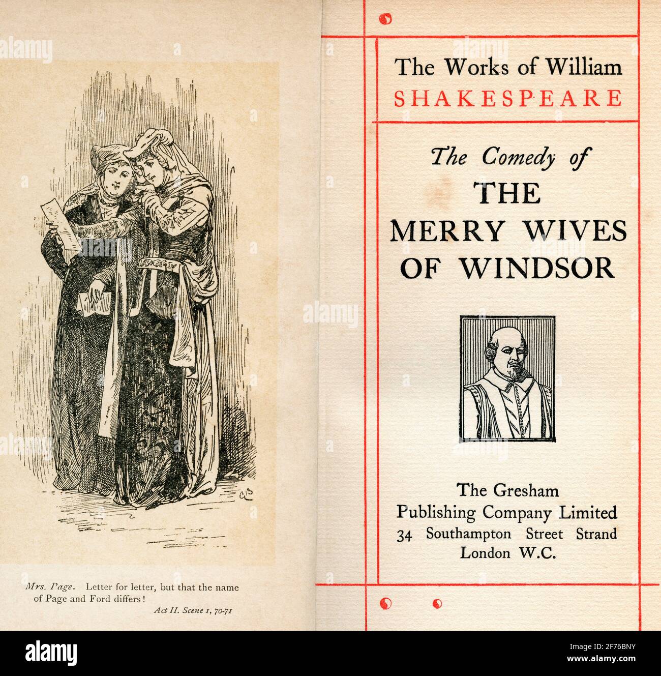 Frontispiece and title page from the Shakespeare play The Merry Wives of Windsor.  Act II. Scene 1. Mrs Page, "Letter for letter, but that the name of Page and Ford differs". From The Works of William Shakespeare, published c.1900 Stock Photo