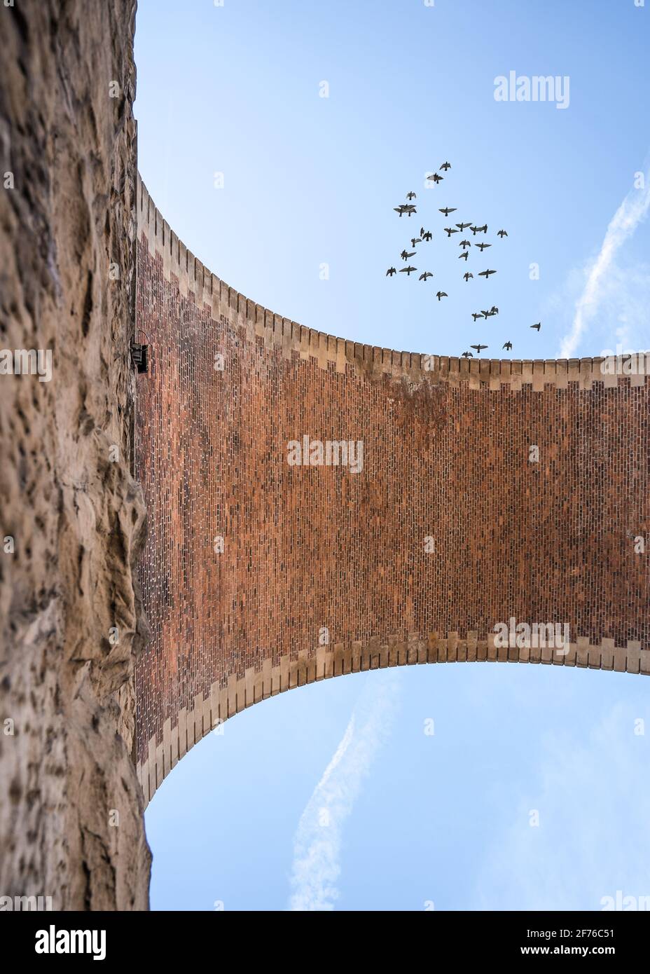 Vertical old railway arch viaduct bridge made of stone and brick looking up from ground high above in the blue sky. Pigeon birds taking off Stock Photo