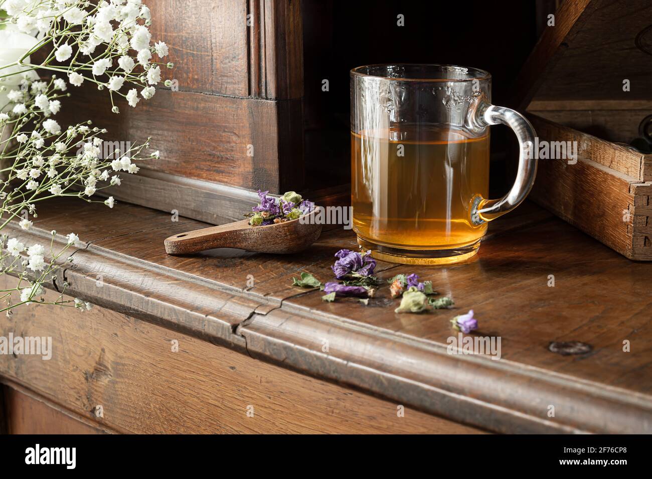 A transparent cup with herbal tea and a wooden spoon with dried herbs - thyme, green anise, ground ivy, pine bud, mallow flowers on an old wooden side Stock Photo