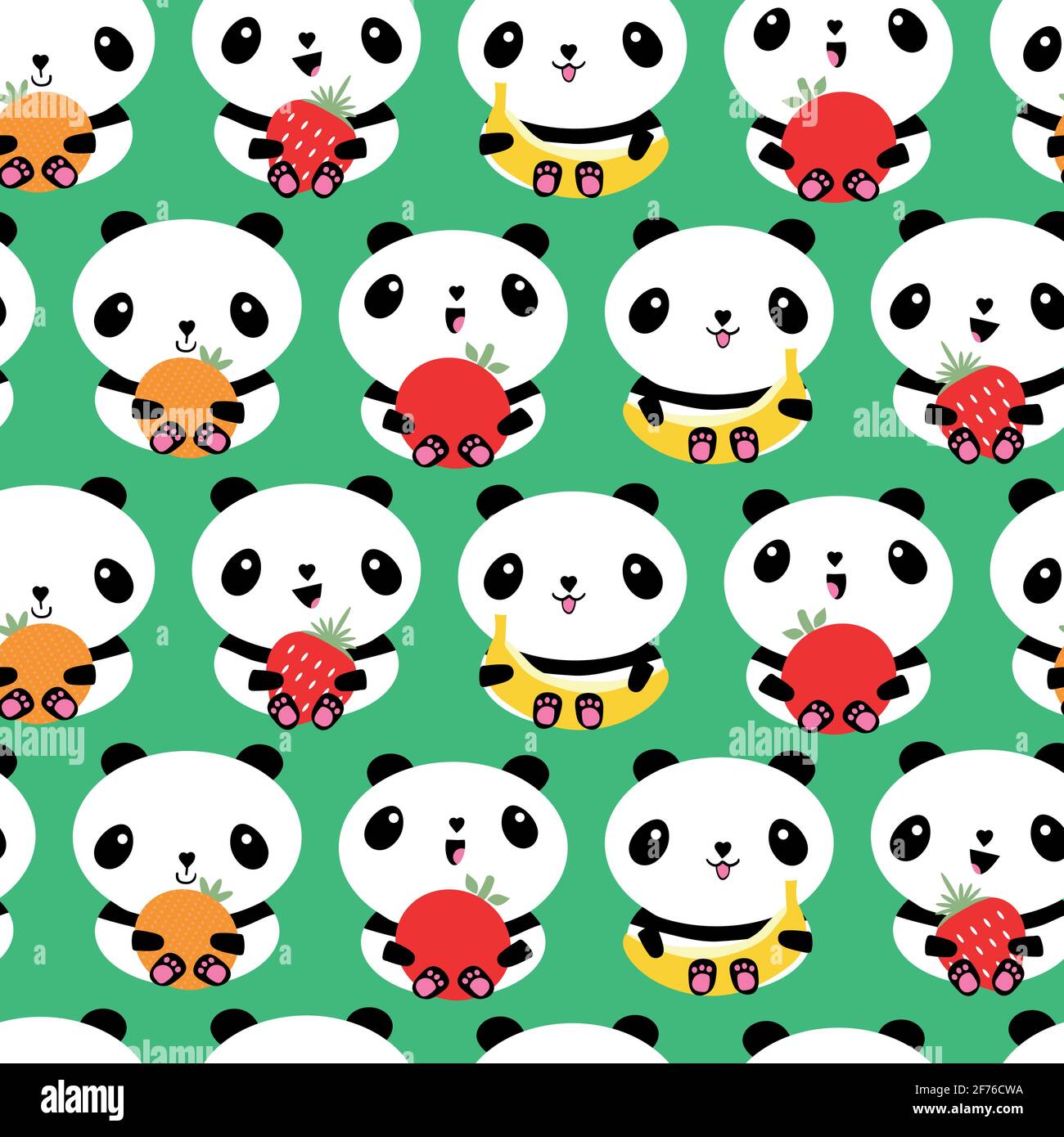 Kawaii panda and fruit seamless vector pattern background. Backdrop with rows of cartoon bears holding apples, bananas, strawberries oranges. Laughing Stock Vector