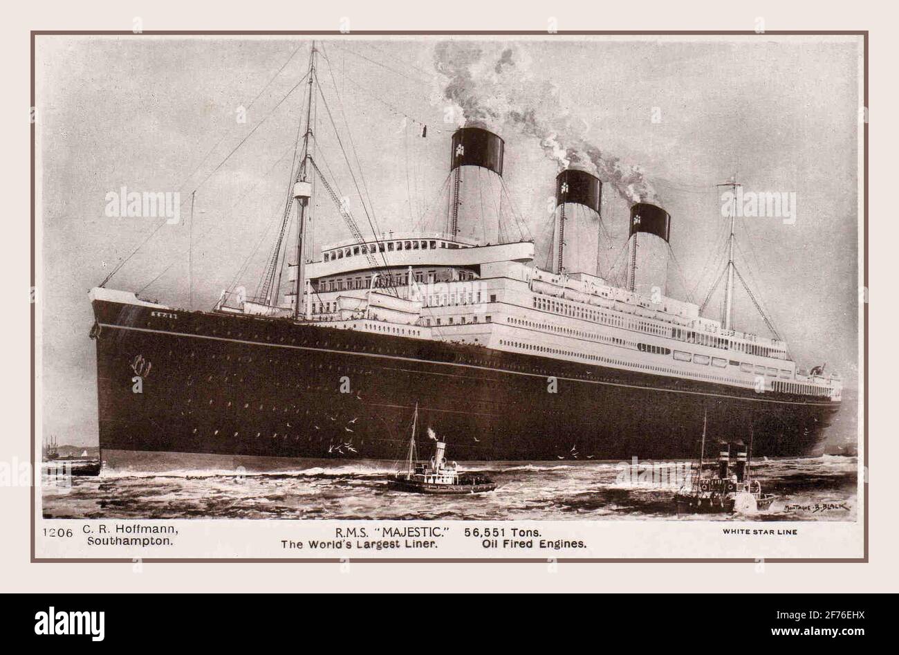 VIntage RMS Majestic Ocean Liner 1890's RMS Majestic White Star flag White Star Line  Port of registry: United Kingdom Liverpool, United Kingdom Builder: Harland and Wolff, Belfast Launched: 29 June 1889 Completed: 22 March 1890 Maiden voyage: 2 April 1890 Stock Photo