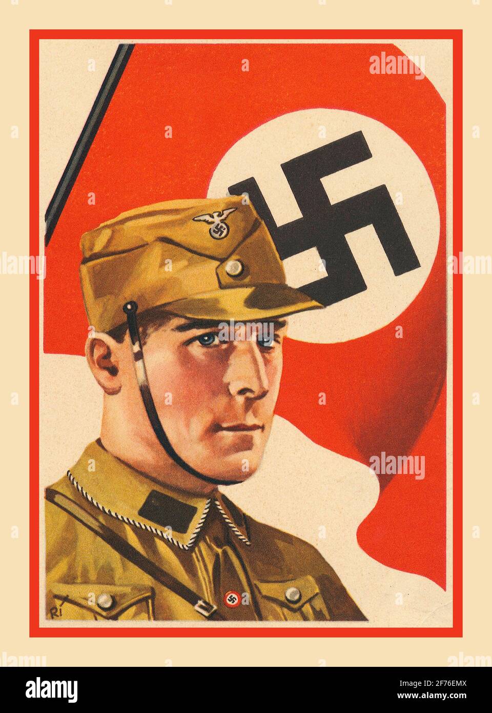 Vintage Nazi Propaganda Poster Card 1930's 'SA man in uniform portrait in front of a swastika flag',  SA, abbreviation of Sturmabteilung (German: “Assault Division”), byname Storm Troopers or Brownshirts, German Sturmtruppen or Braunhemden, in the German Nazi Party, a paramilitary organization whose methods of violent intimidation played a key role in Adolf Hitler’s rise to power in the 1930's Stock Photo