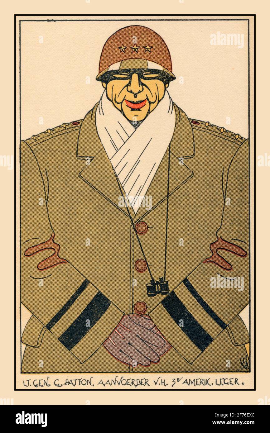 PATTON 1945 Caricature cartoon style portrait of General Patton.  George Smith Patton Jr. was a general in the United States Army who commanded the Seventh United States Army in the Mediterranean theater of World War II, and the United States Army Central in France and Germany after the Allied invasion of Normandy in June 1944. Stock Photo